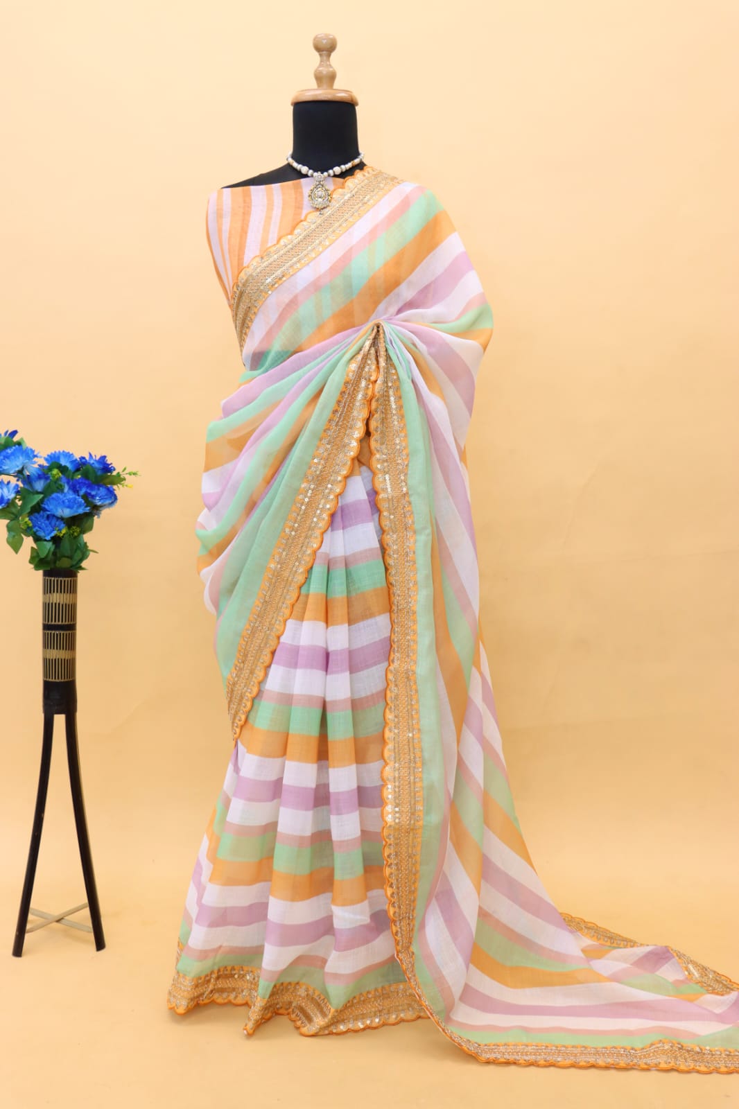Pure Linen Digital Printed Coding Sequence Lace Work Border Saree