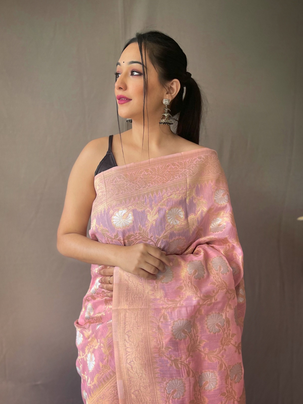 Pure Linen Tissue Silk All Over Gold Silver Zari Weaved With Rich Pallu Saree