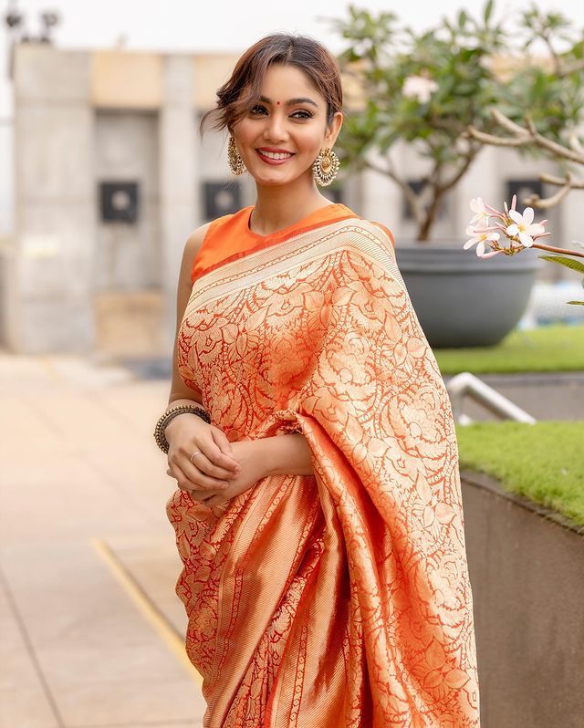 Orange Banarasi Silk All Over Gold Zari Jacquard Weaved Saree