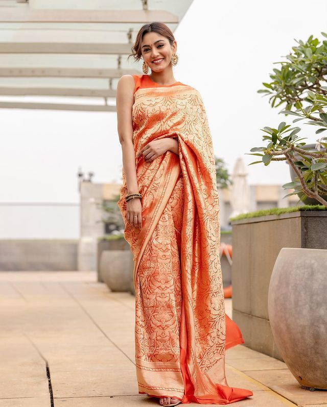 Orange Banarasi Silk All Over Gold Zari Jacquard Weaved Saree