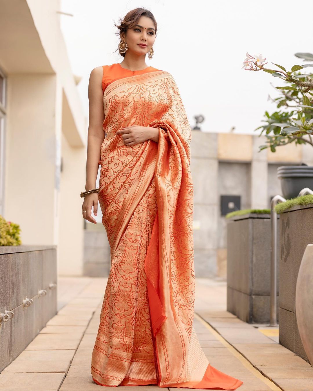 Orange Banarasi Silk All Over Gold Zari Jacquard Weaved Saree