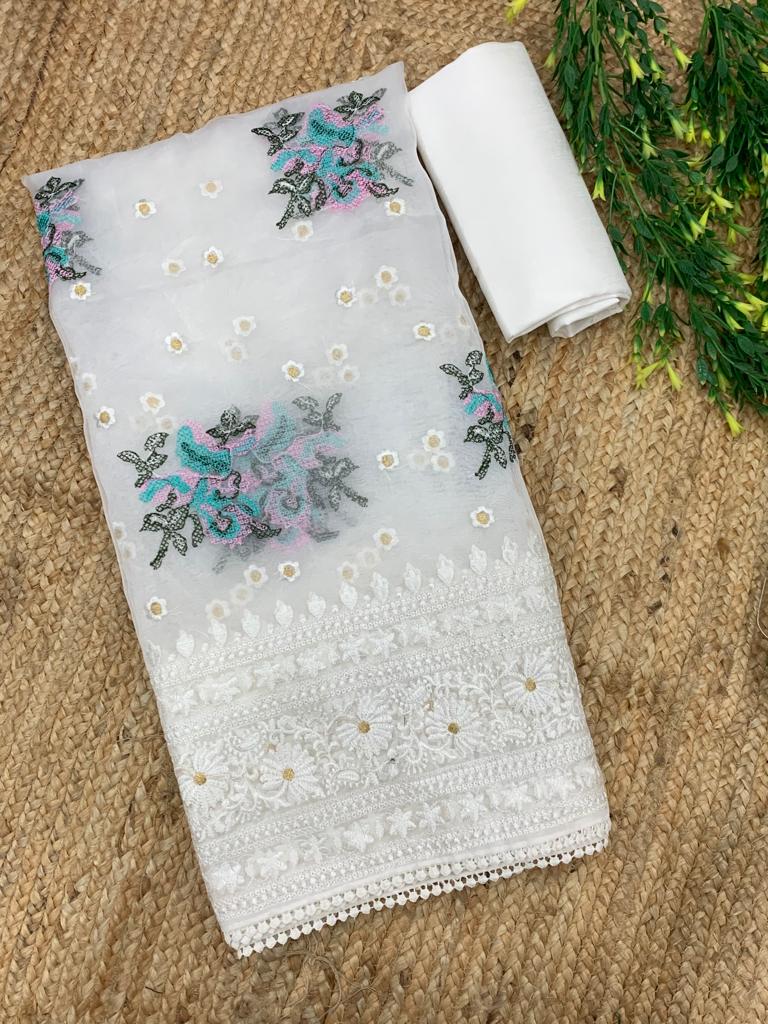 Pure Organza Silk Floral Embroidery Work And Rich Pallu Lace Border