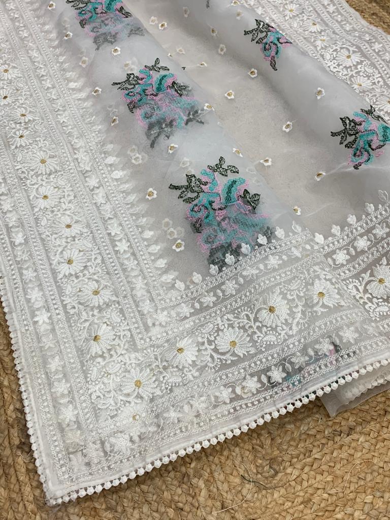Pure Organza Silk Floral Embroidery Work And Rich Pallu Lace Border