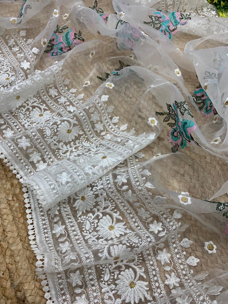 Pure Organza Silk Floral Embroidery Work And Rich Pallu Lace Border