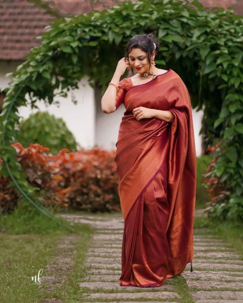 Image of Maroon Banarasi Silk All Over Gold Zari Jacquard Weaved Saree