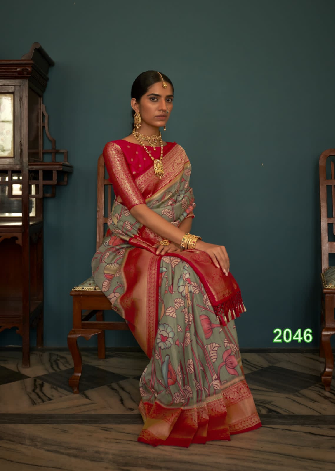 Pure Tussar Silk Kalamkari Printed Rich Gold Zari Weaved Pallu Border Saree