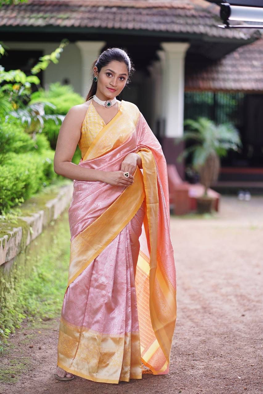 Rose Gold Banarasi Silk Saree With Gold Zari Weaved Border