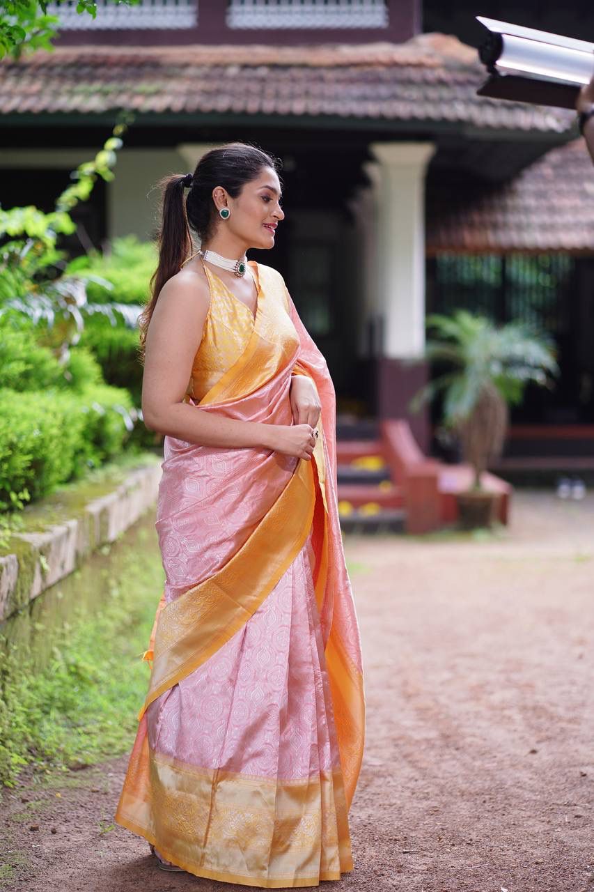 Rose Gold Banarasi Silk Saree With Gold Zari Weaved Border