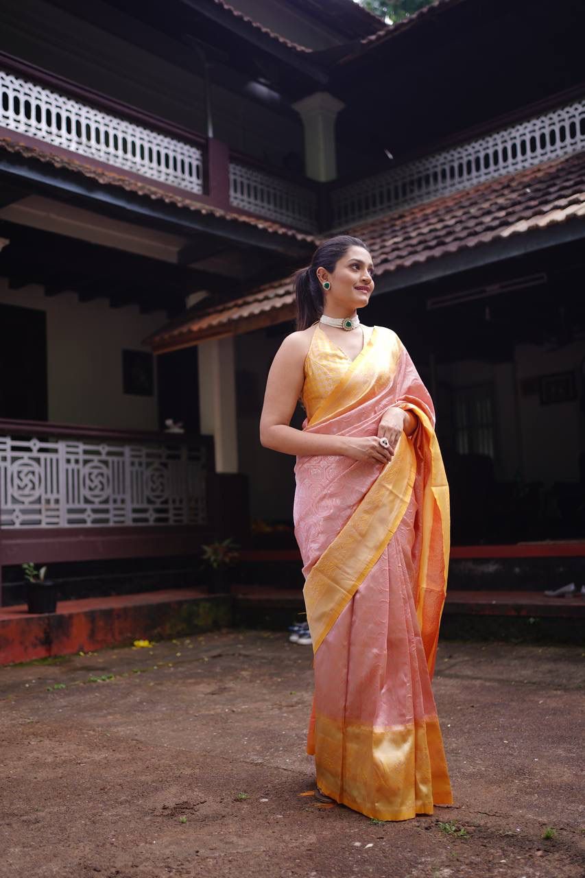 Rose Gold Banarasi Silk Saree With Gold Zari Weaved Border