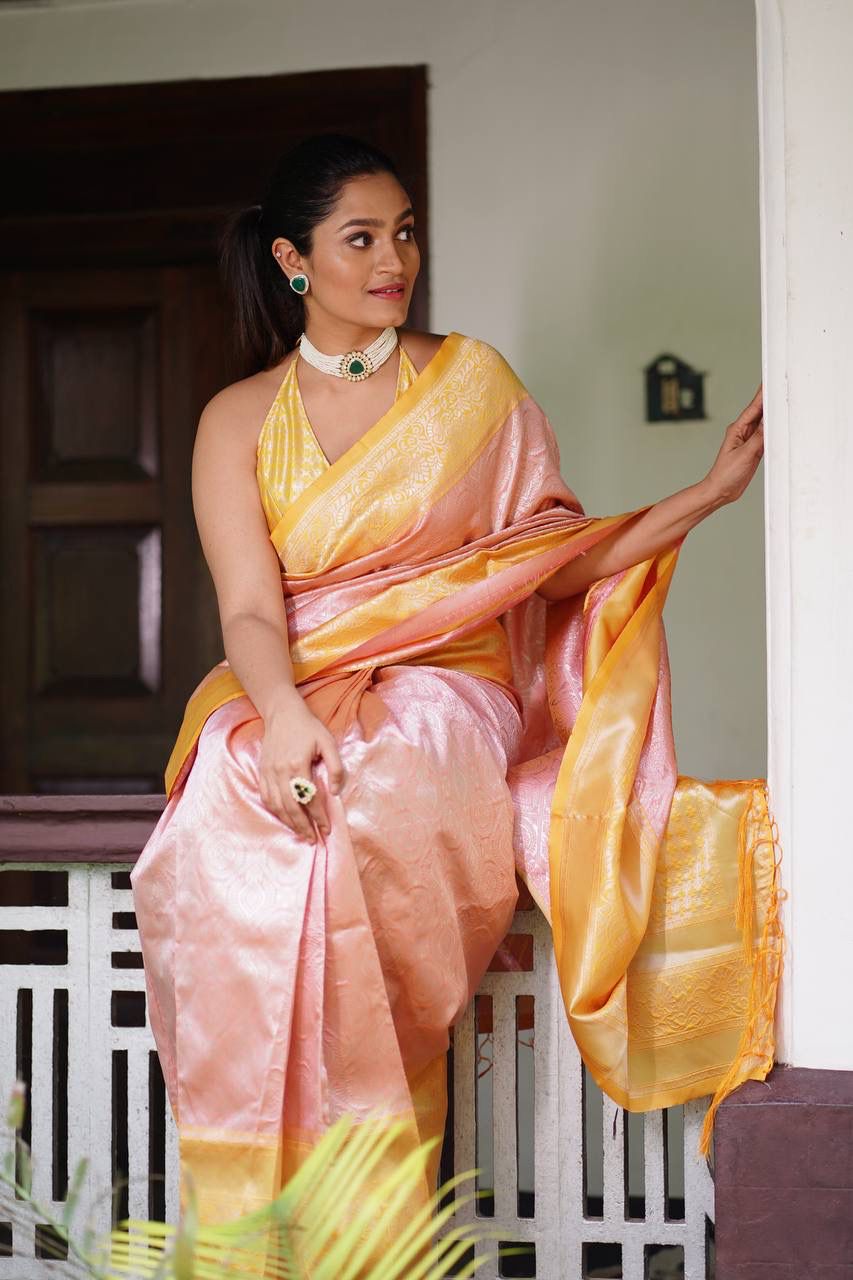 Rose Gold Banarasi Silk Saree With Gold Zari Weaved Border