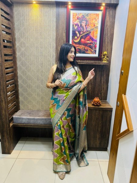 Image of Pure Organza Silk Multi Color Zari Weaved Body And Rich Pallu Saree