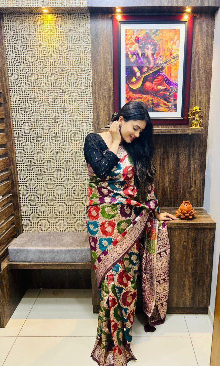 Pure Organza Silk Multi Color Zari Weaved Body And Rich Pallu Saree