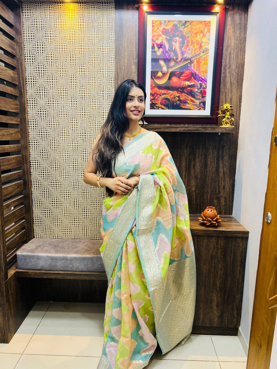 Pure Organza Silk Multi Color Zari Weaved Body And Rich Pallu Saree