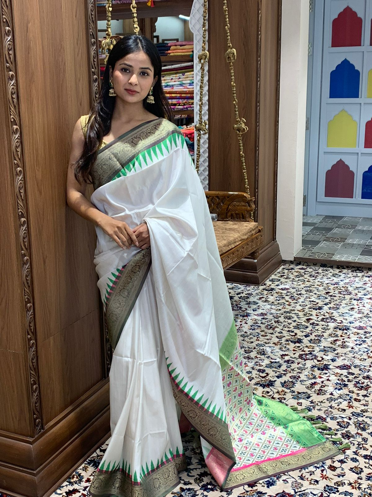 Pure Jacquard Cotton Silk Zari Weaved Ikkat Printed Pallu Saree