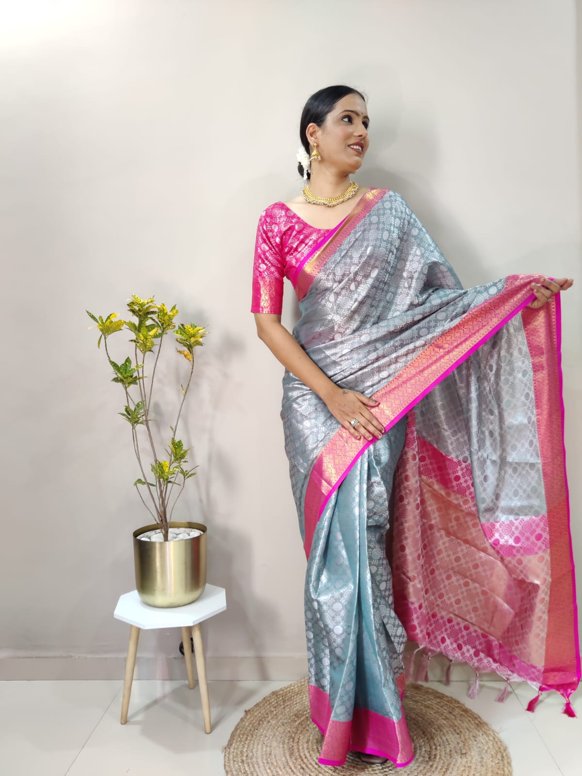 Banarasi Tissue Silk All Over Silver Zari Weaved Rich Pallu Tassels Saree