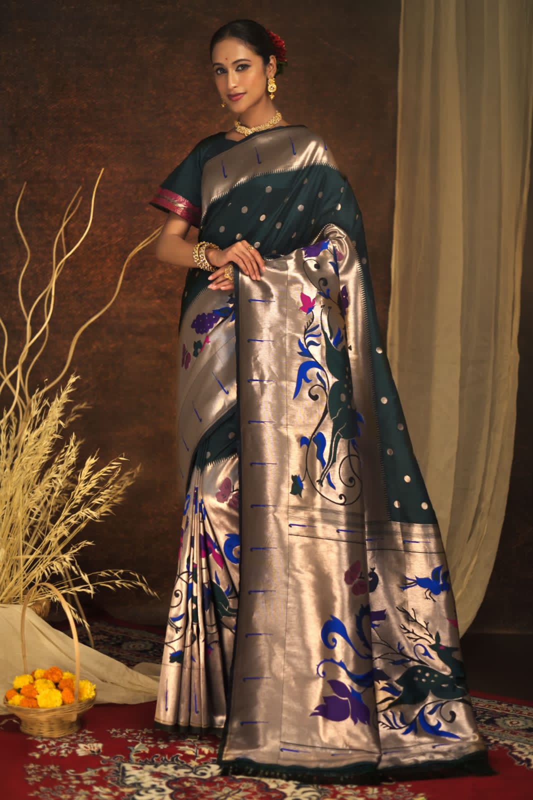 Pure Banarasi Paithani Silk Meena Zari Weaved Rich Pallu Sarees