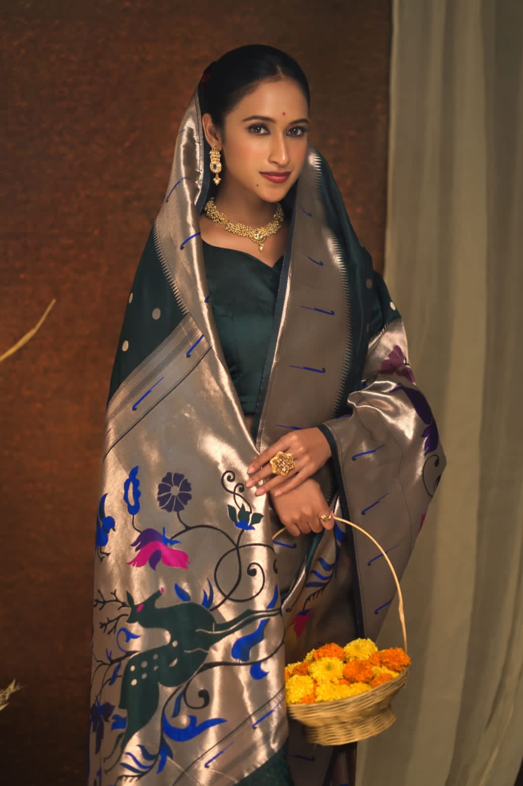 Pure Banarasi Paithani Silk Meena Zari Weaved Rich Pallu Sarees