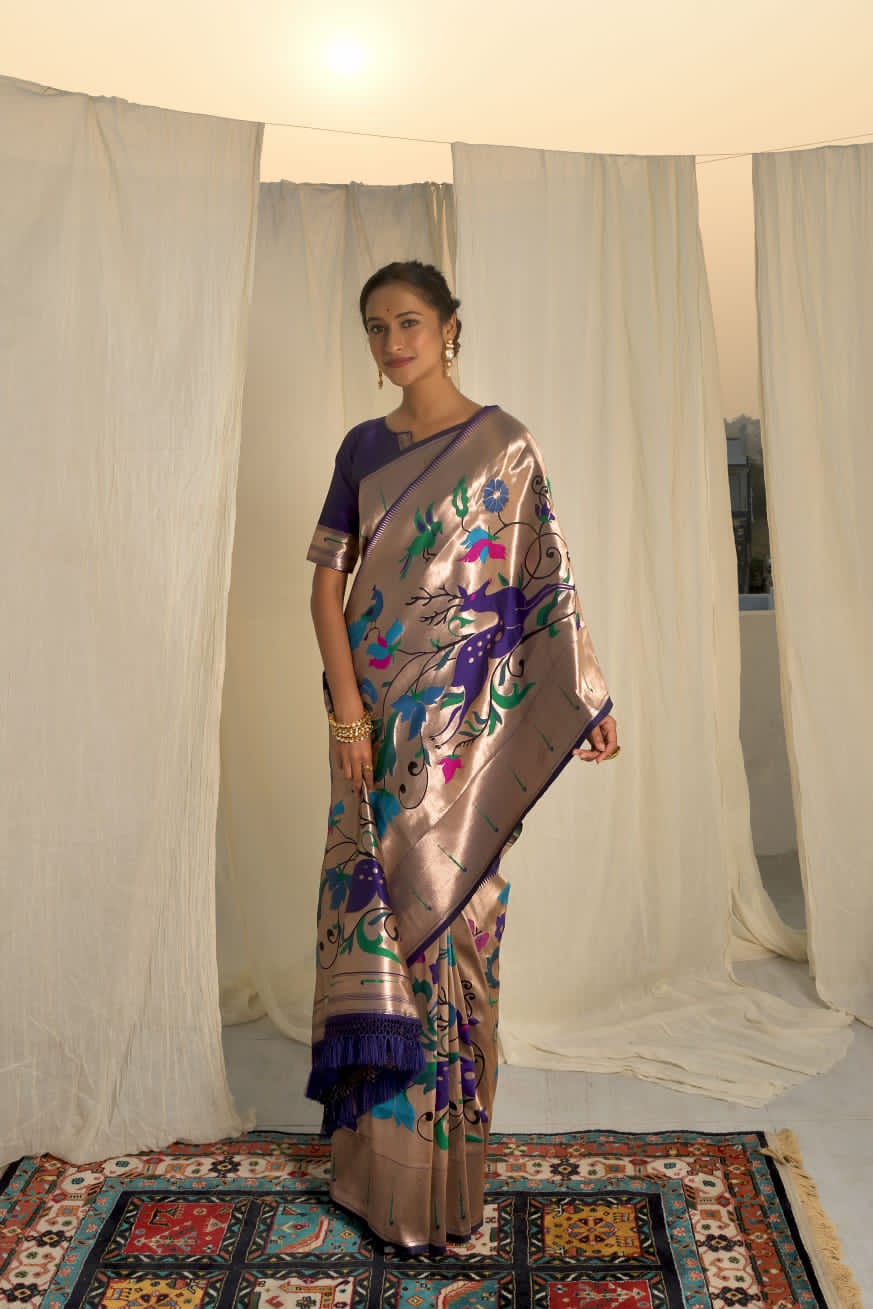 Pure Banarasi Paithani Silk Meena Zari Weaved Rich Pallu Saree