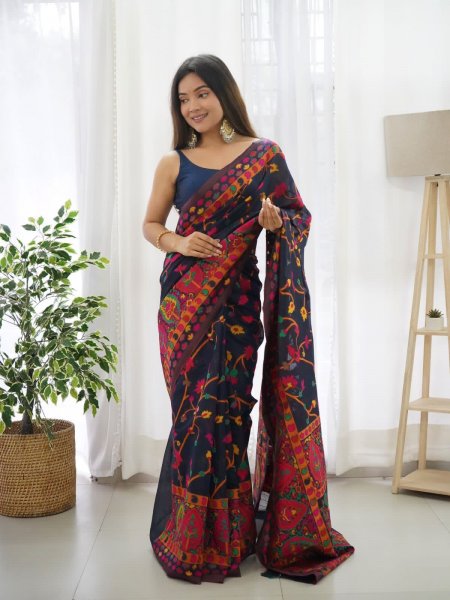 Image of Kashmiri Pashmina Multi Color Thread And Zari Weaved Saree