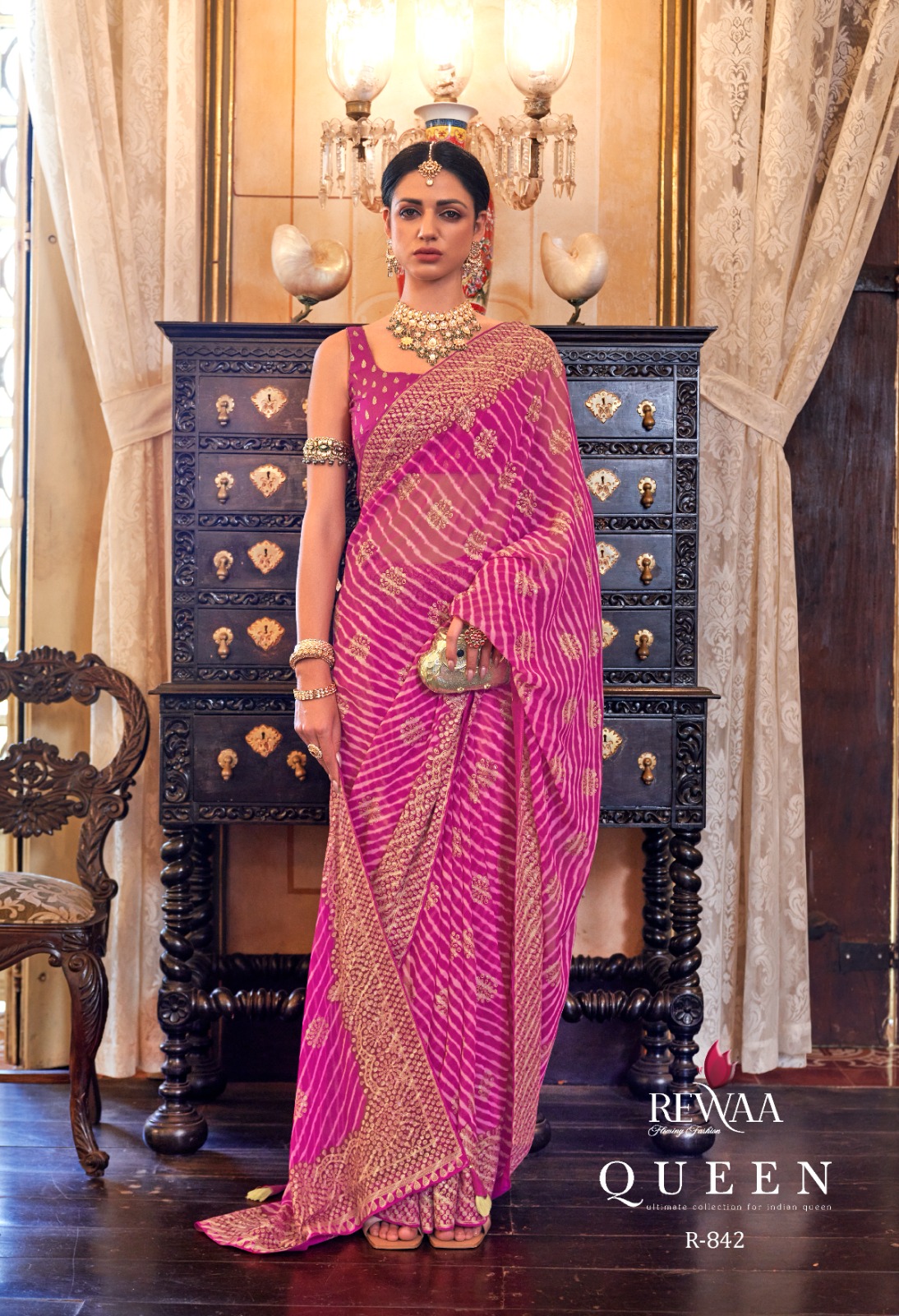 Georgette With Lehariya Zari Boota And Gota Border Pallu Saree