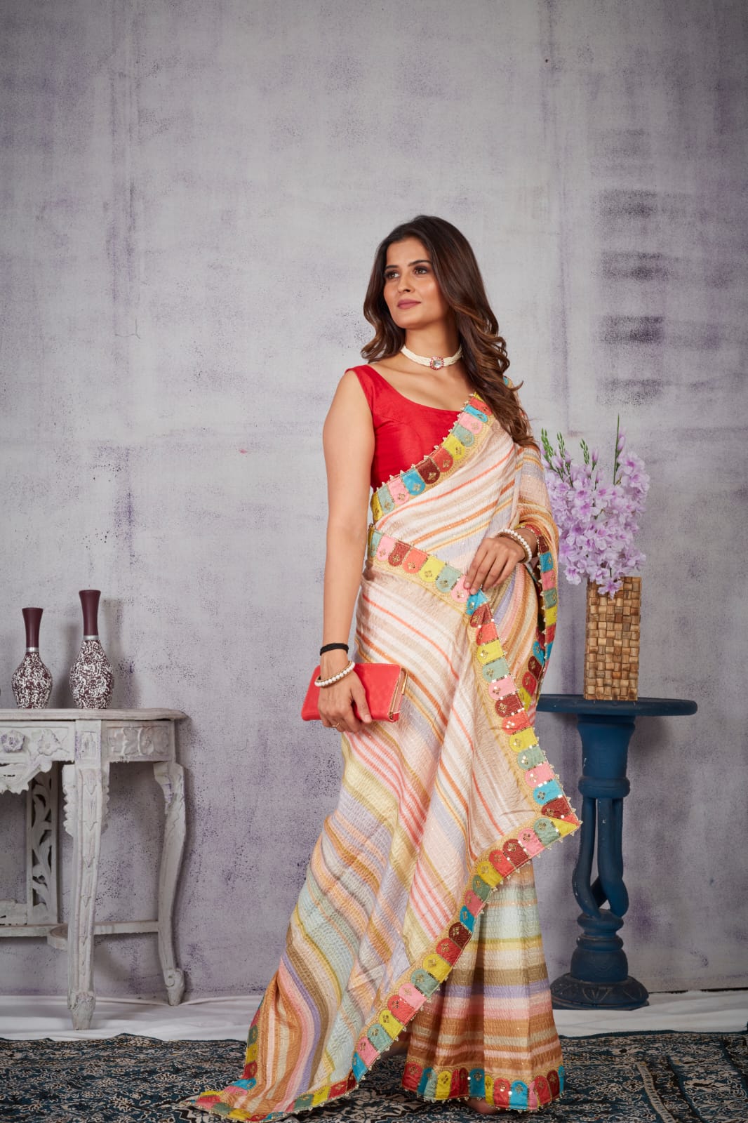Silk Crochet Leheriya Print Sequence Embroidery Lace Saree