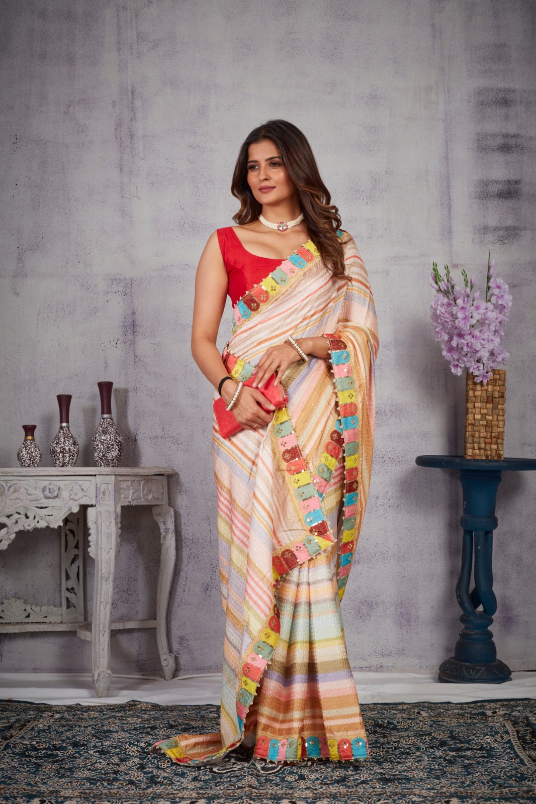Silk Crochet Leheriya Print Sequence Embroidery Lace Saree