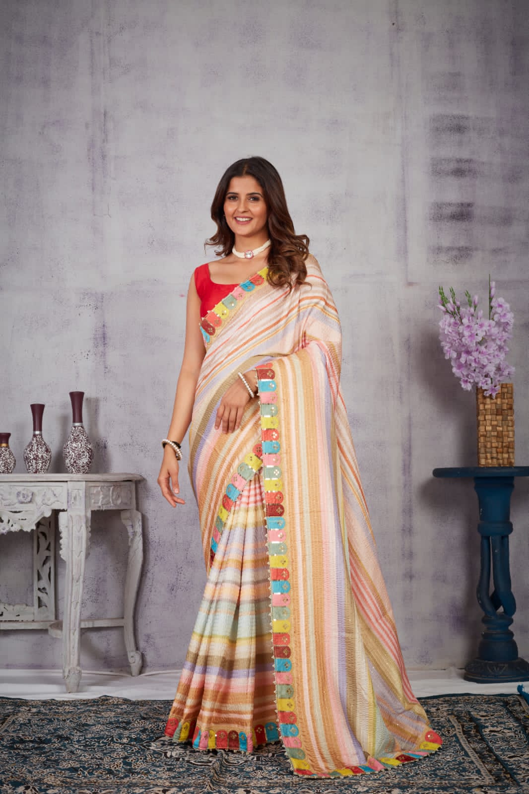 Silk Crochet Leheriya Print Sequence Embroidery Lace Saree