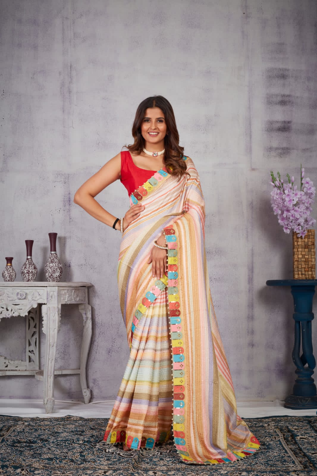 Silk Crochet Leheriya Print Sequence Embroidery Lace Saree