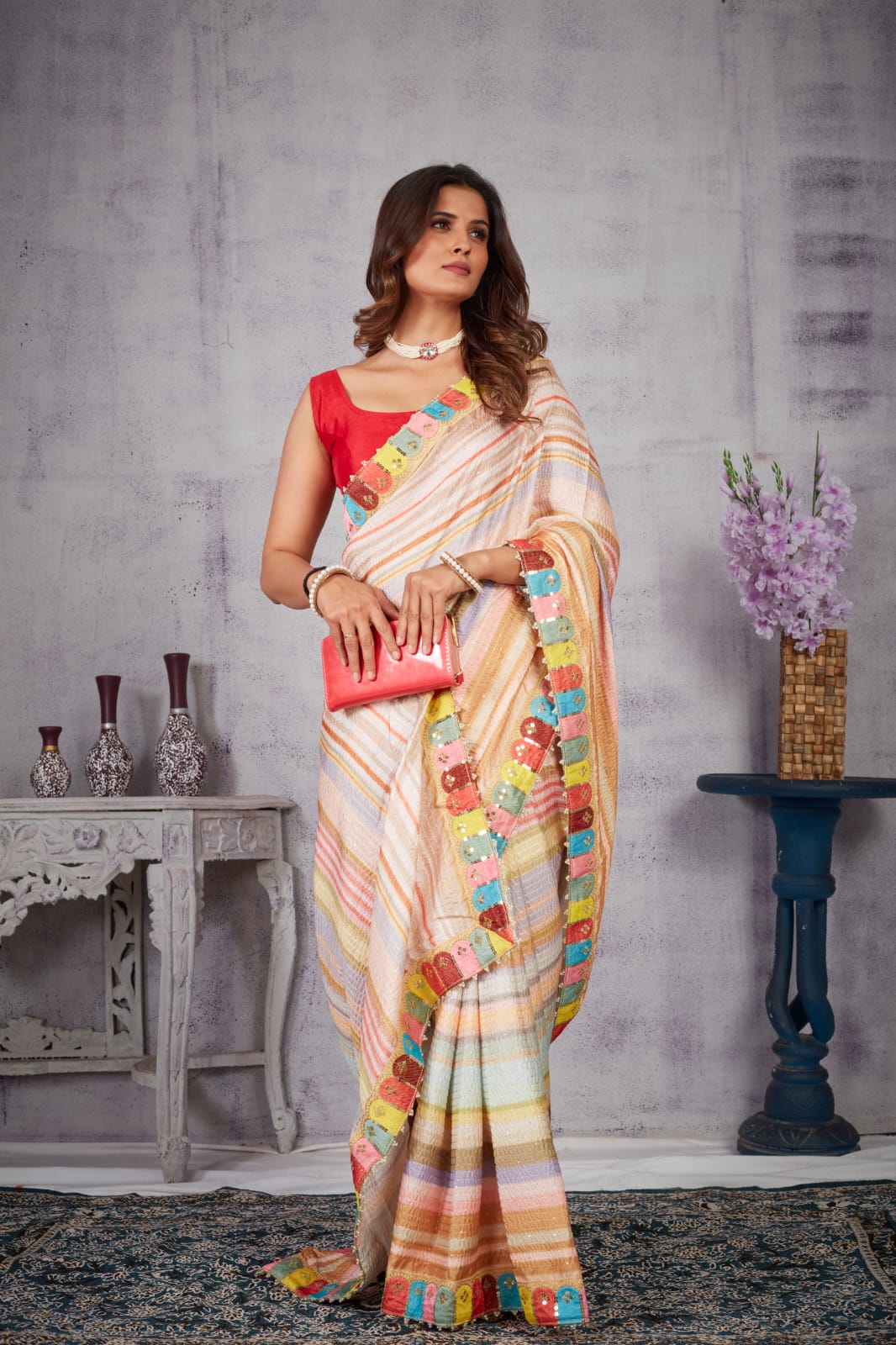 Silk Crochet Leheriya Print Sequence Embroidery Lace Saree