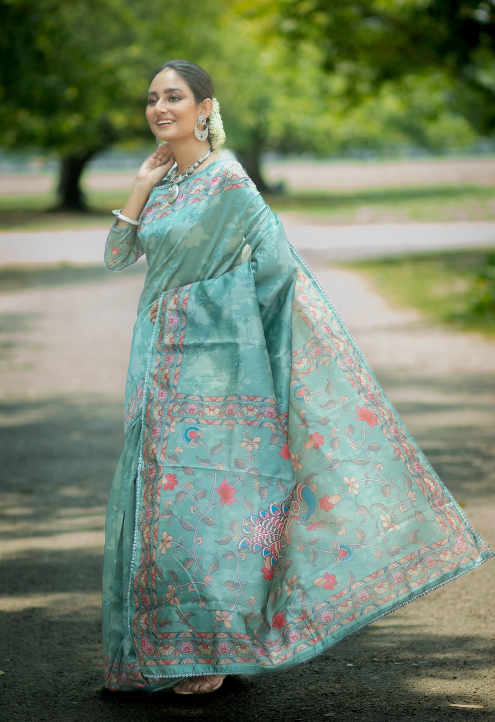 Premium Soft Tussar Silk Embroidery Kalamkari Printed Pallu Saree