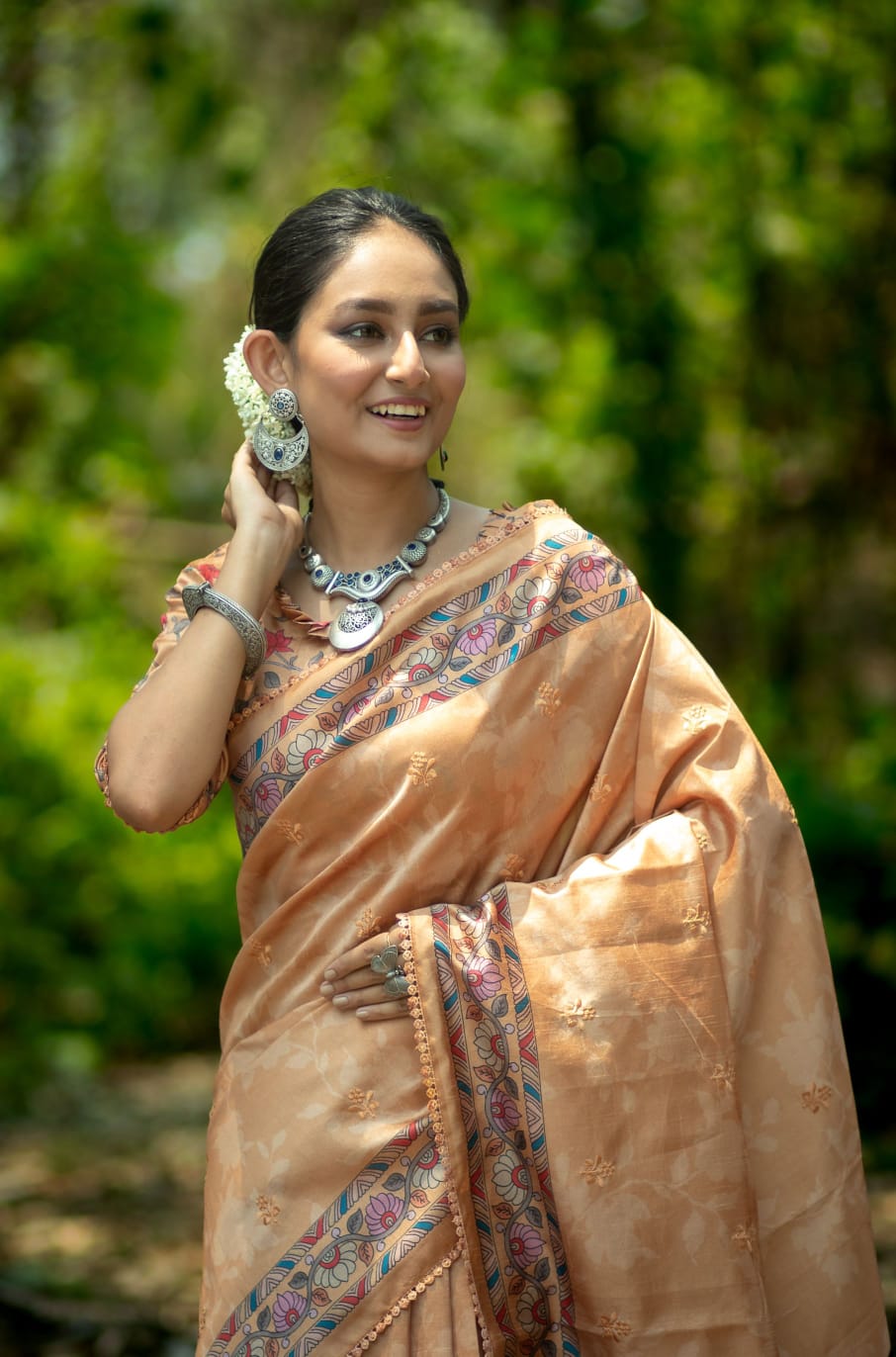 Premium Soft Tussar Silk Embroidery Kalamkari Printed Pallu Saree