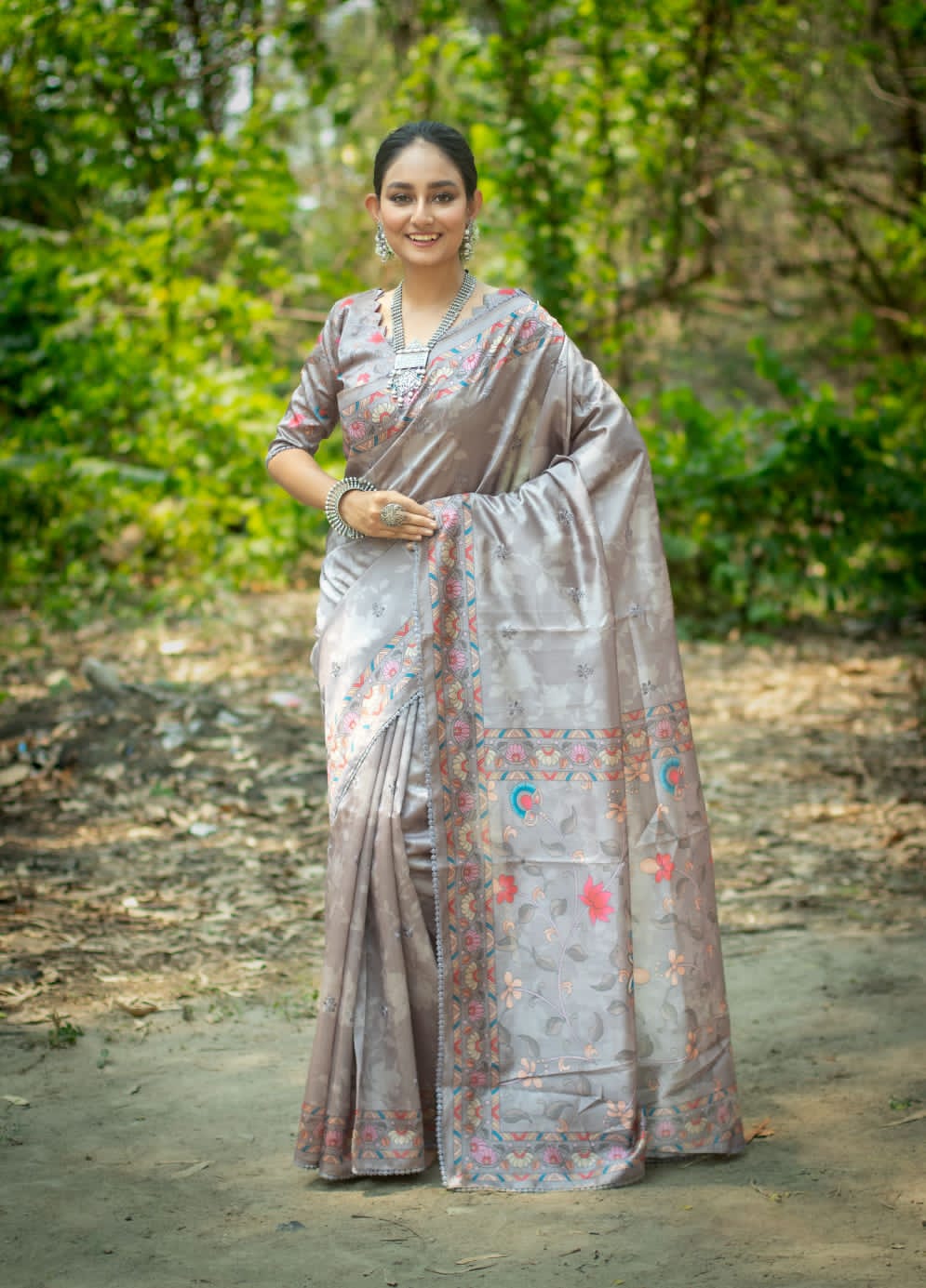 Premium Soft Tussar Silk Embroidery Kalamkari Printed Pallu Saree