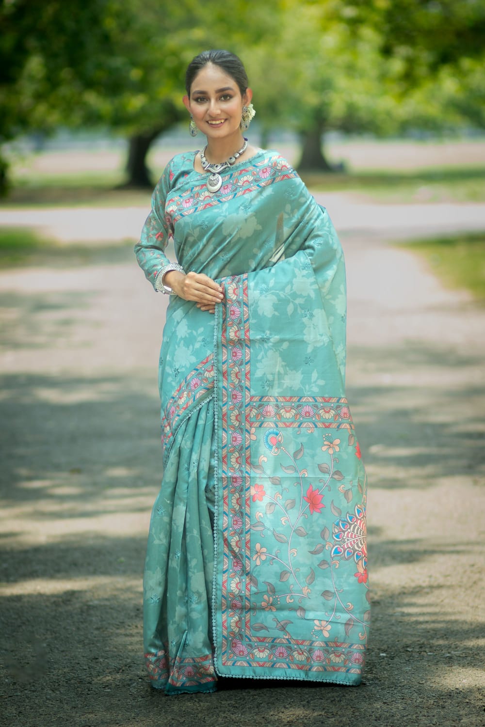 Premium Soft Tussar Silk Embroidery Kalamkari Printed Pallu Saree