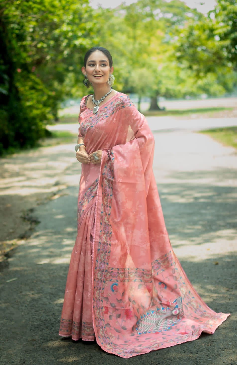 Premium Soft Tussar Silk Embroidery Kalamkari Printed Pallu Saree