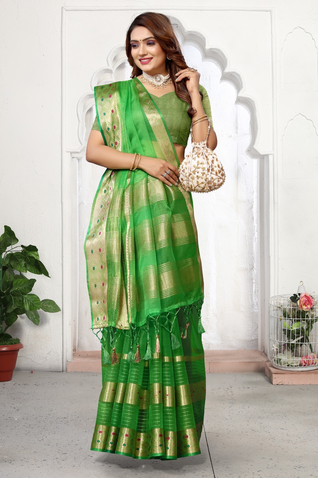 Pure Kora Silk Double Zari Sequence Meenakari Weaved Saree