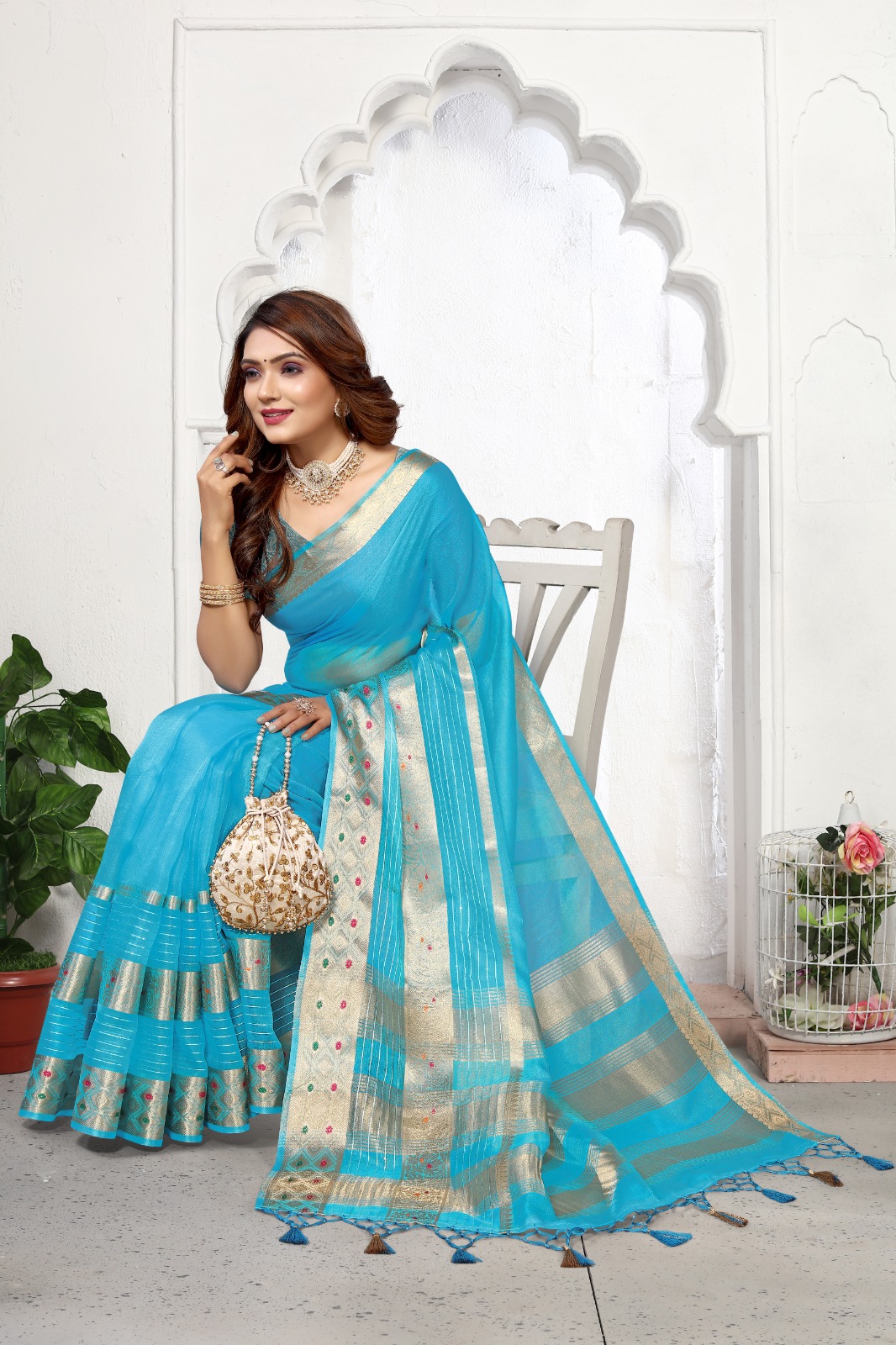 Pure Kora Silk Double Zari Sequence Meenakari Weaved Saree