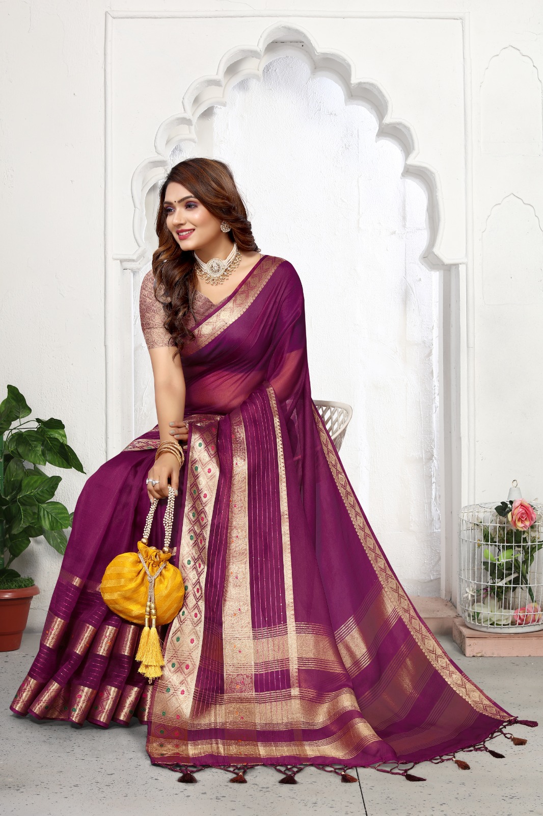 Pure Kora Silk Double Zari Sequence Meenakari Weaved Saree