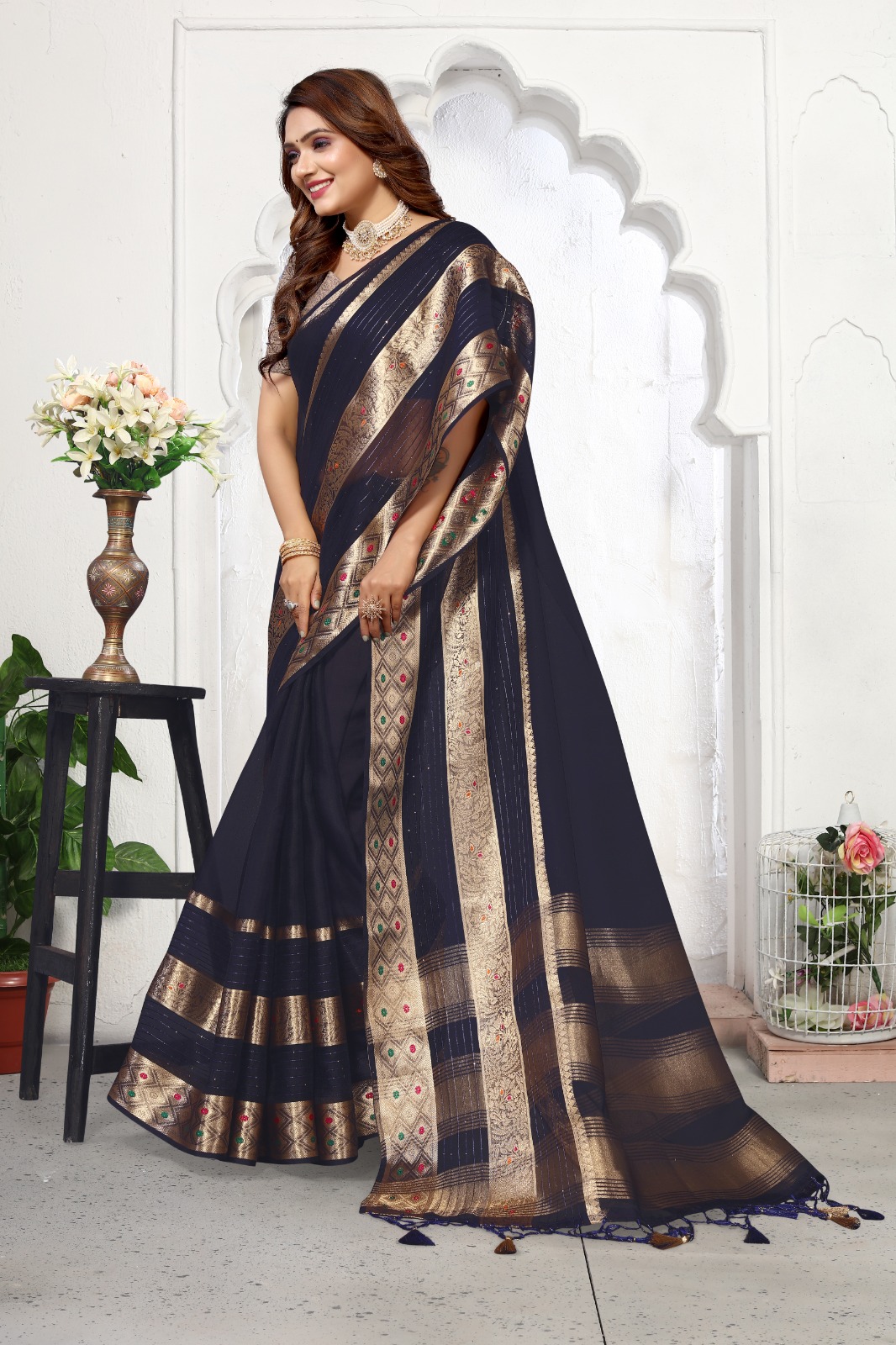 Pure Kora Silk Double Zari Sequence Meenakari Weaved Saree