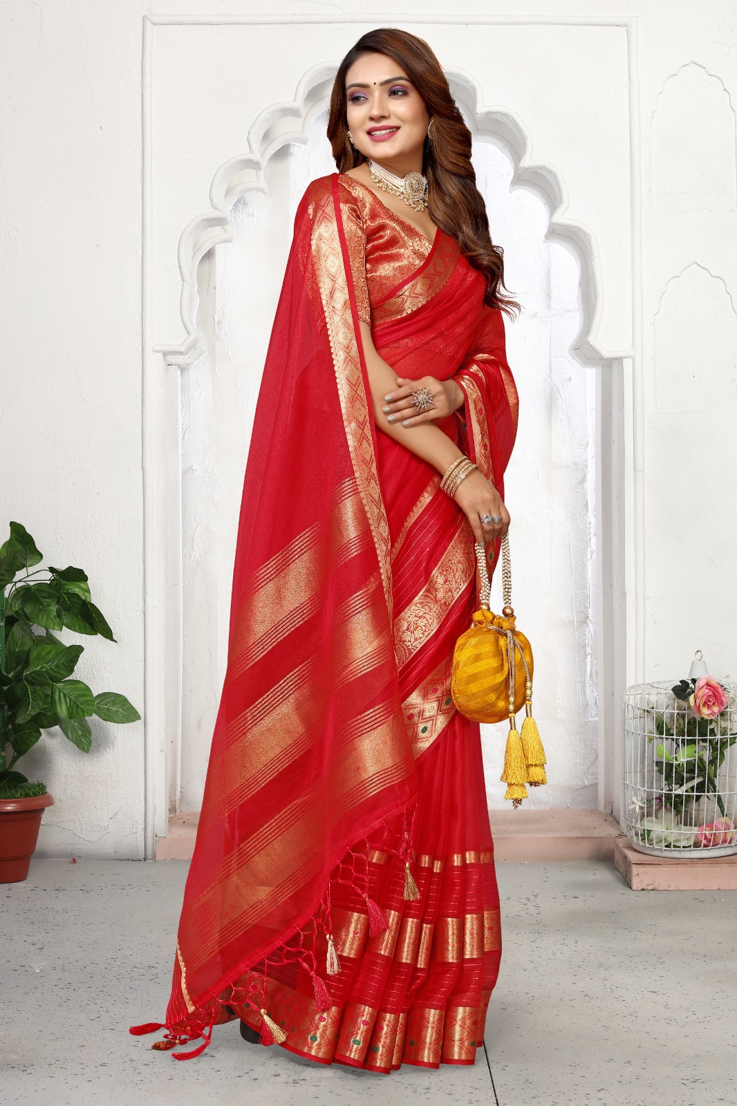 Pure Kora Silk Double Zari Sequence Meenakari Weaved Saree