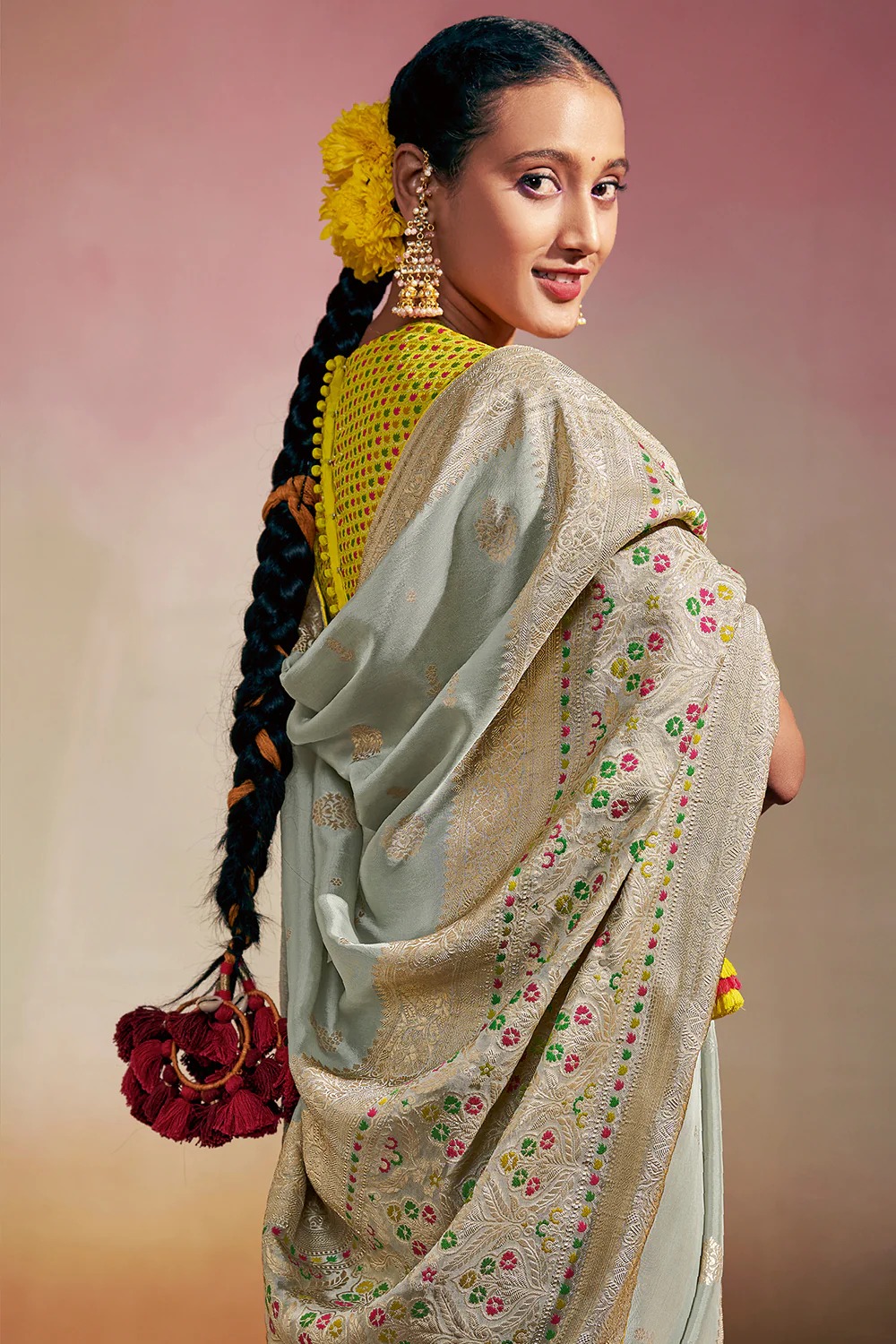 Pure Viscose Dola Silk All Over Zari Designer Minakari Pallu Saree