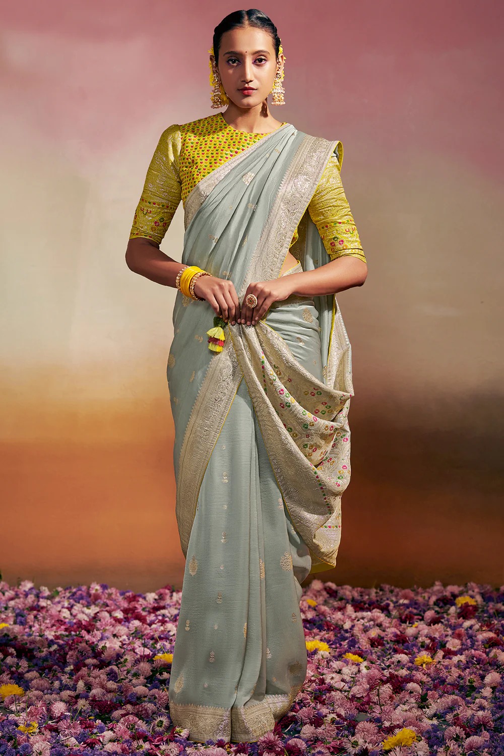 Pure Viscose Dola Silk All Over Zari Designer Minakari Pallu Saree