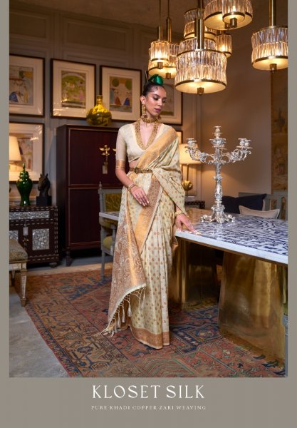 Image of Pure Khadi Silk Copper Silver Zari Weaved Rich Pallu Saree