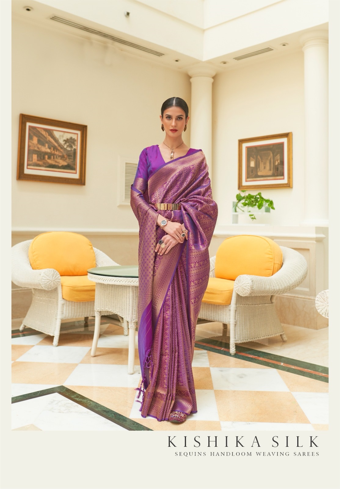 Pure Banarasi Silk Gold Zari Sequins Handloom Weaving Saree