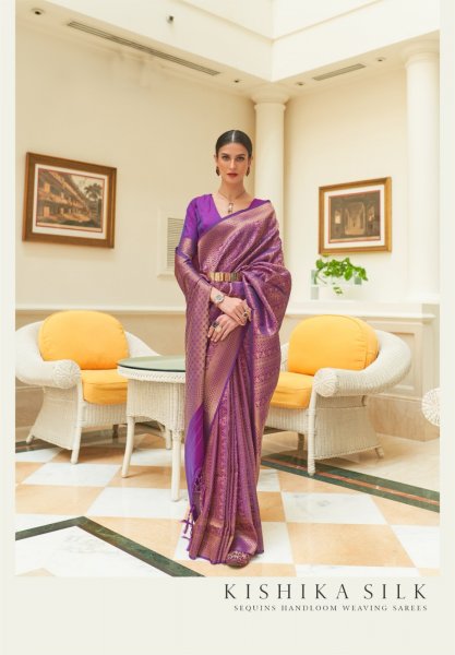 Image of Pure Banarasi Silk Gold Zari Sequins Handloom Weaving Saree