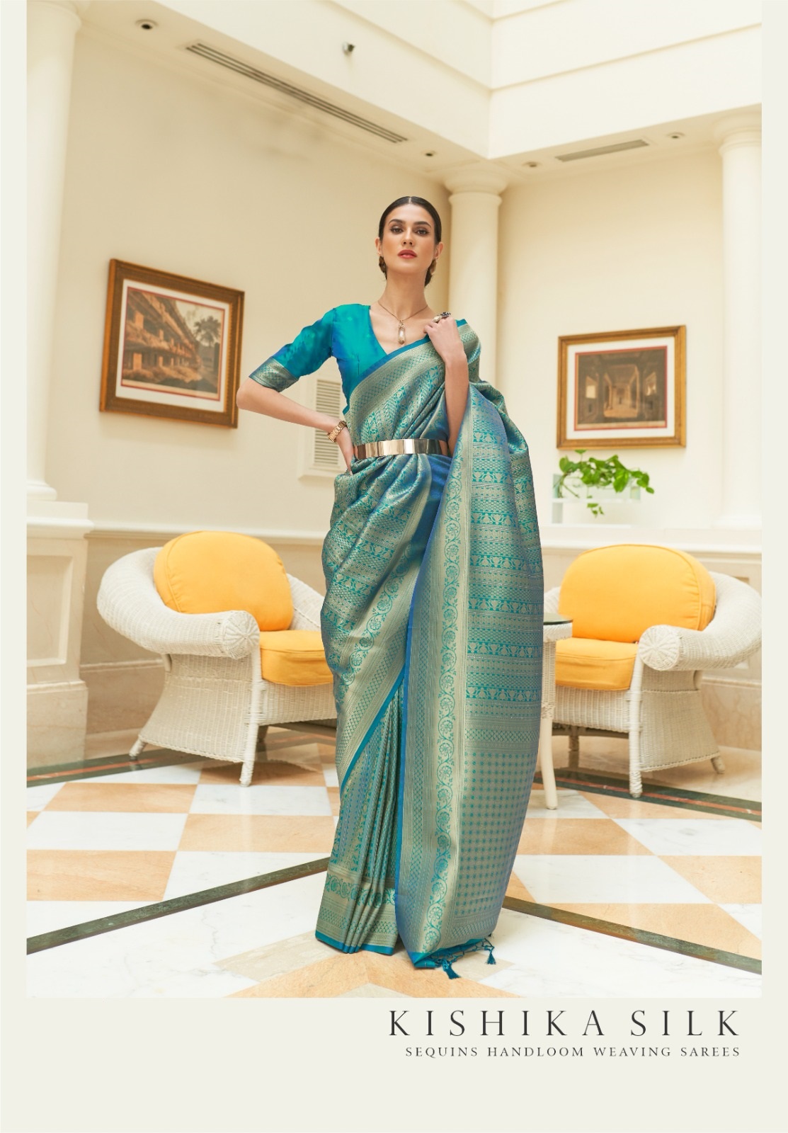 Pure Banarasi Silk Gold Zari Sequins Handloom Weaving Saree