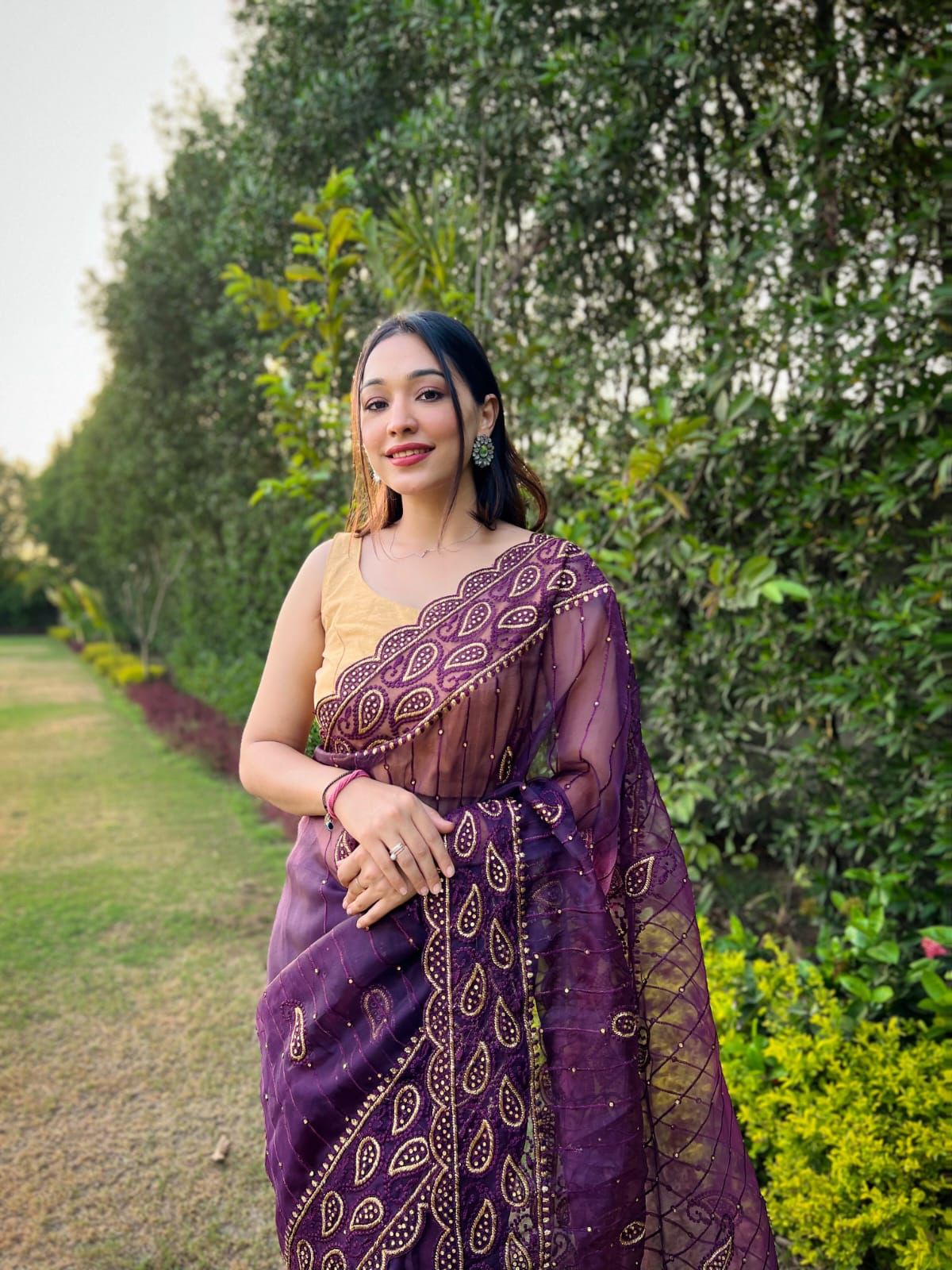 Pure Organza Silk Tone To Tone Thread And Diamond Work Saree