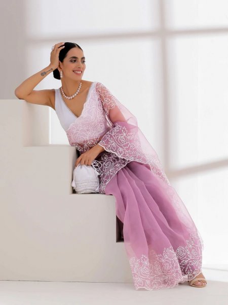 Image of Pure Organza Silk Floral Motif Stitch Cutwork Border Saree