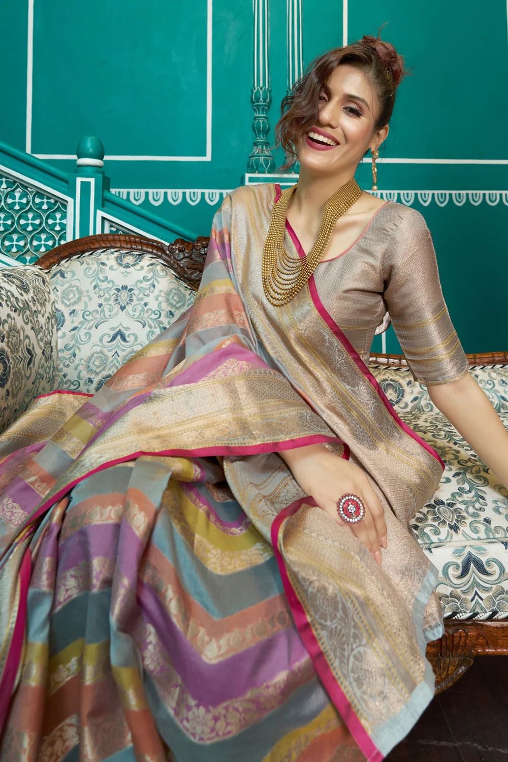 Pure Organza Silk Multi Color Lehariya Zari Weaved Pallu Sarees