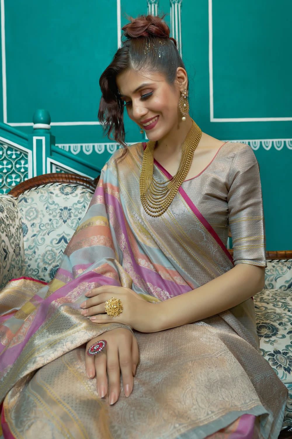 Pure Organza Silk Multi Color Lehariya Zari Weaved Pallu Sarees