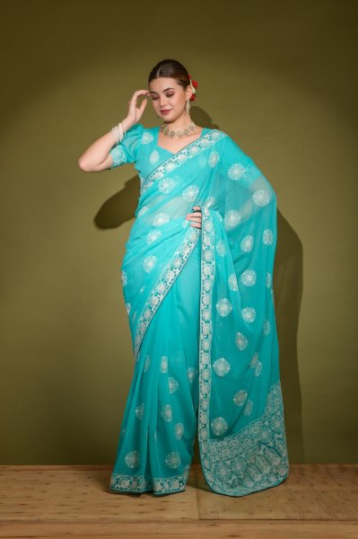 Image of Georgette All Over Lucknavi Thread Work With Lace Border Saree